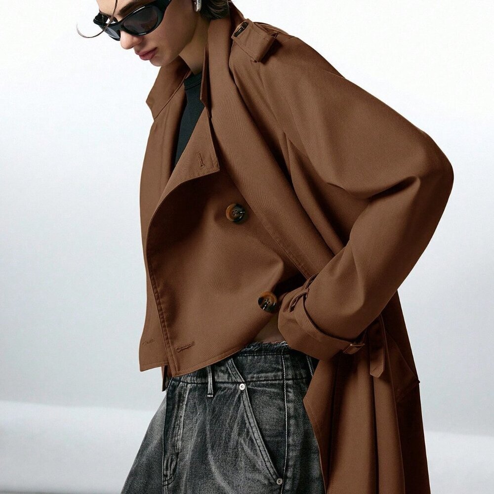 Chocolate Brown Casual Women's Double-Breasted Trench Coat - Picture 7 of 7